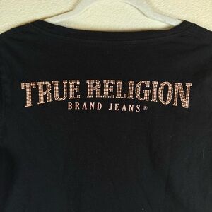 True Religion Black V-Neck Tee Pink Rhinestone Logo Y2K Baby Tee Medium Bling